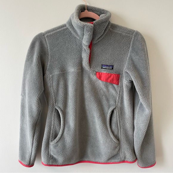 Patagonia Sweaters - Patagonia Re-Tool Snap Pullover Fleece in Light Grey and Coral